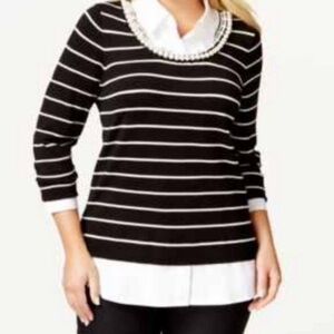 CHARTER CLUB imitation Striped Pearl Embellished Sweater size MP elegant classic
